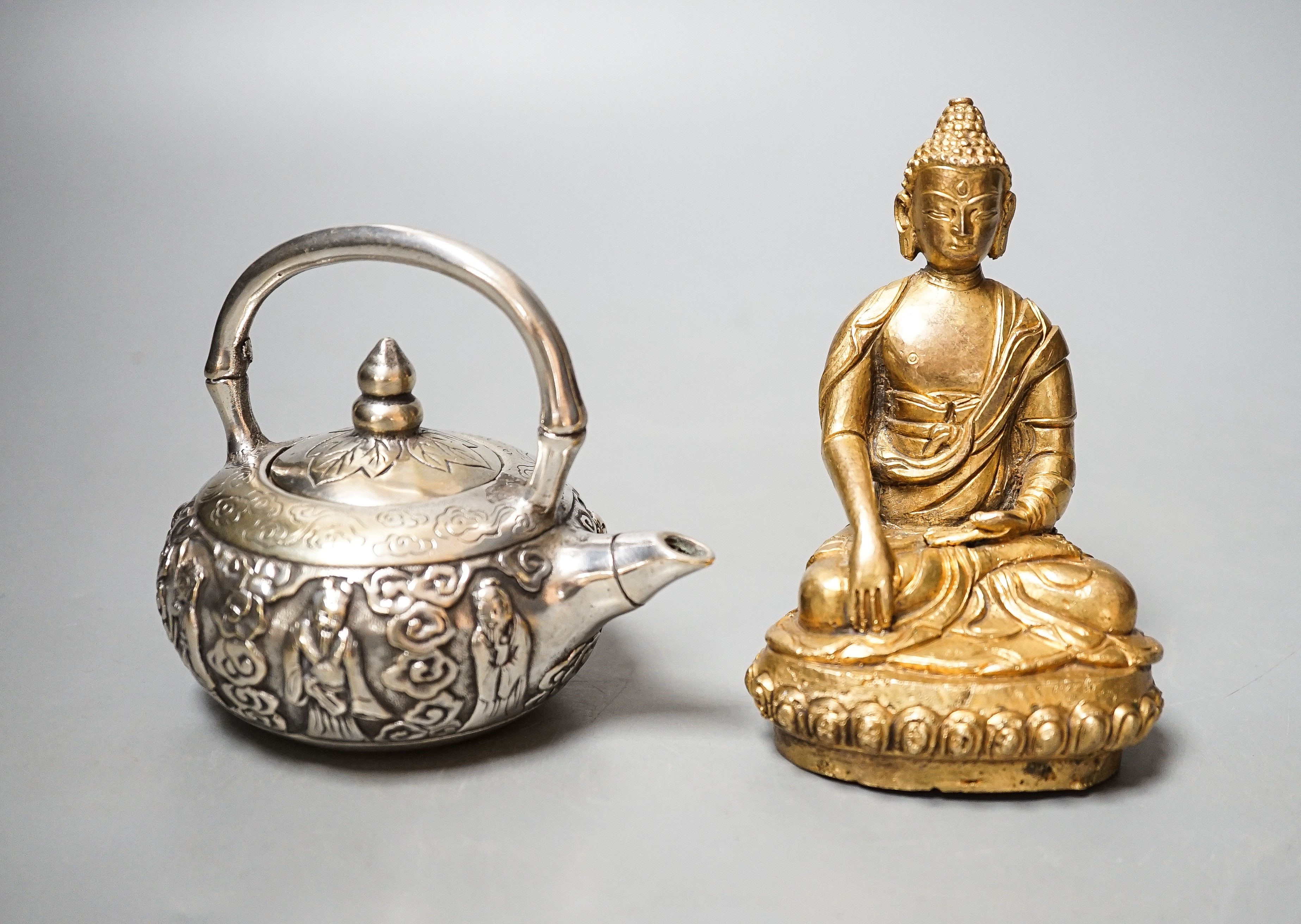 A Chinese gilt bronze buddha and a miniature plated teapot 11cm